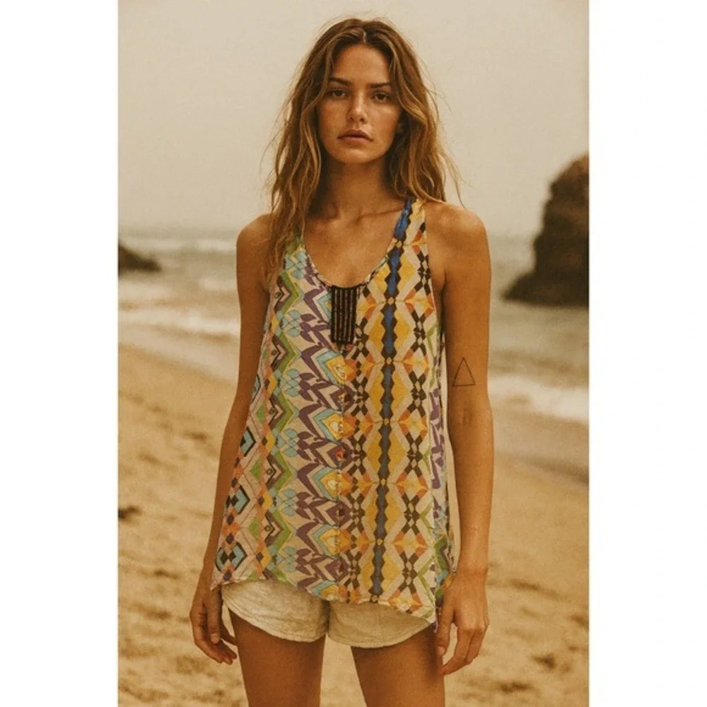 Sleeveless Multicolor Geometric Print Tank Top Zipper Back - Picture 1 of 8